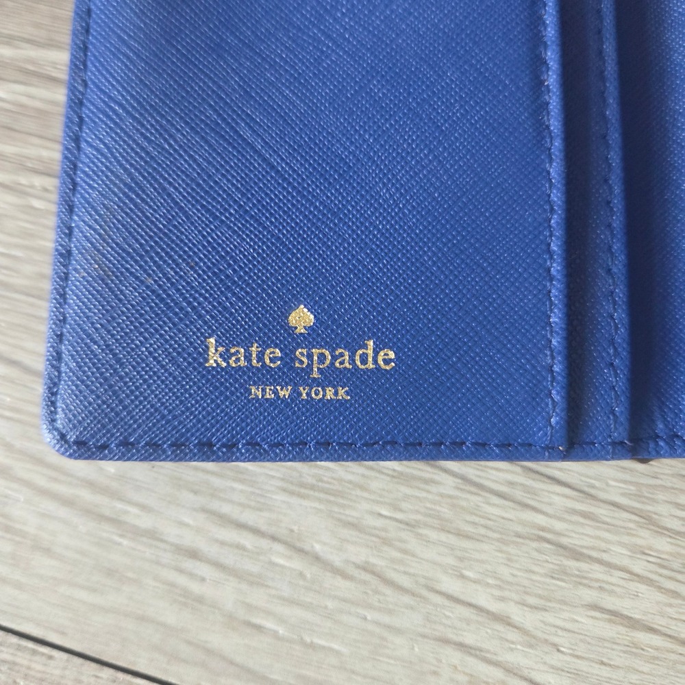 Kate Spade Wallet Bifold Slim Womens Blue Saffiano Leather Gold Logo Zip Pocket - Picture 6 of 11